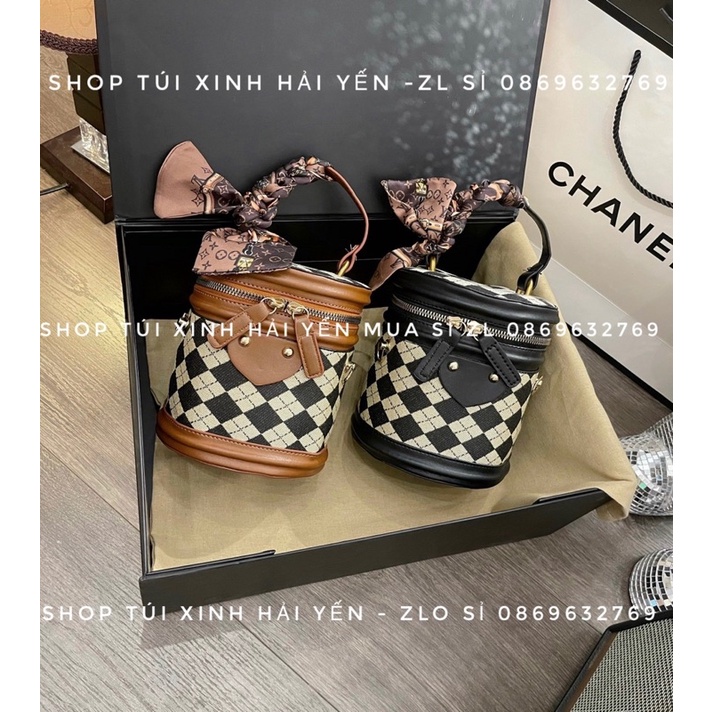 túi trụ tròn cặp lồng đeo chéo ô trám kiểu dáng hàn quốc, đi chơi đi tiệc siêu xinh