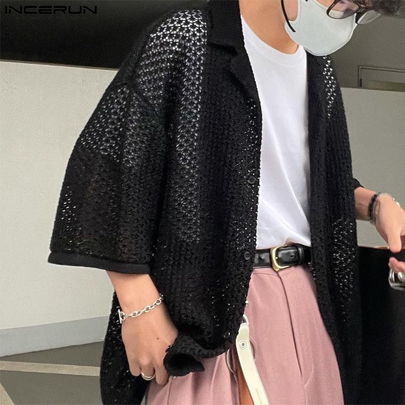 Áo sơ mi Incerun tay ngắn dáng rộng xuyên thấu cài nút kiểu Nhật Bản cá tính cho nam