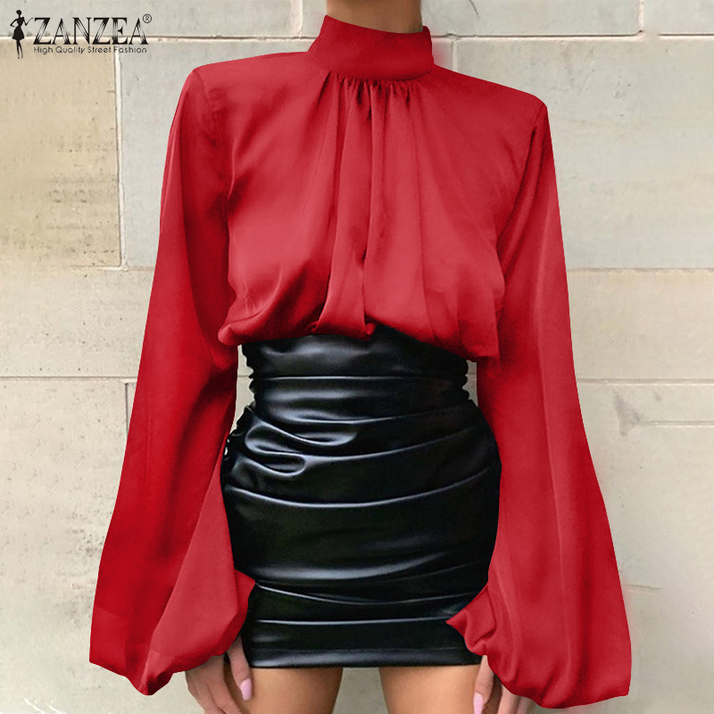 Áo ZANZEA Cổ Cao Xếp Ly Tay Áo Phồng Dài Phong Cách Thường Ngày Thanh Lịch Dành Cho Nữ