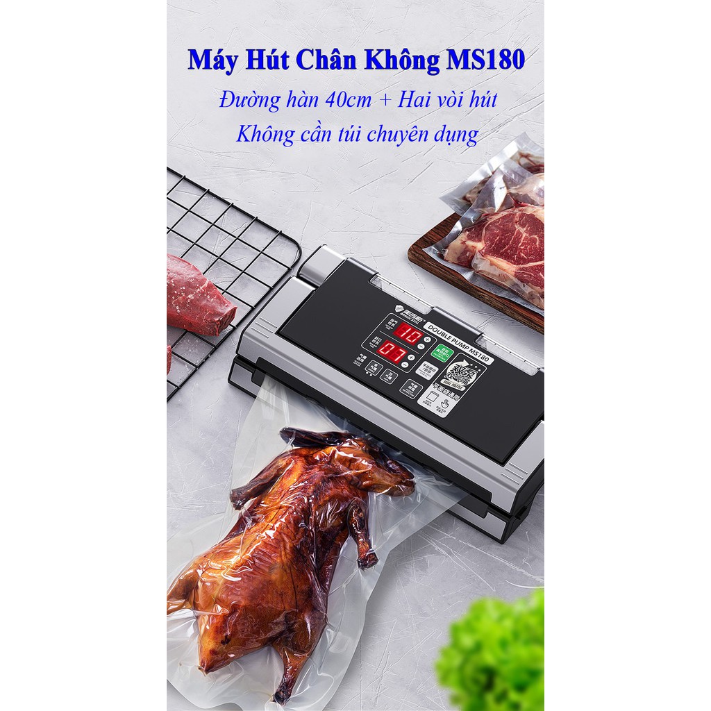 Máy Hút Chân Không Thực Phẩm Magic MS180 Không Kén Túi, 2 Vòi Hút Công Nghiệp, Ép Chân Không Khô Và Ướt, Thương Mại