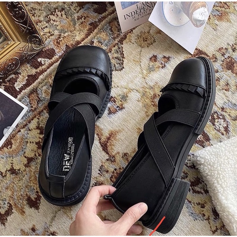 Giày búp bê có quai chun phối bèo vintage Mary Jane dễ thương ulzzang Hàn Quốc Yannie Lolita