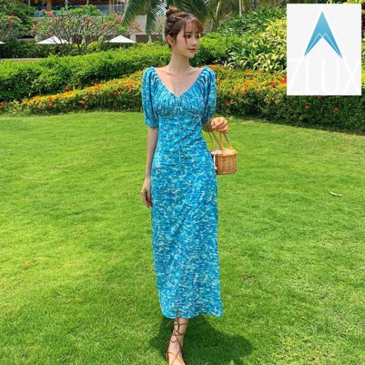 (ORDER-sẵn M) Váy hoa nhí maxi dáng suông dài màu xanh dương cổ V nhún ngực mùa hè kiểu Pháp sang chảnh .