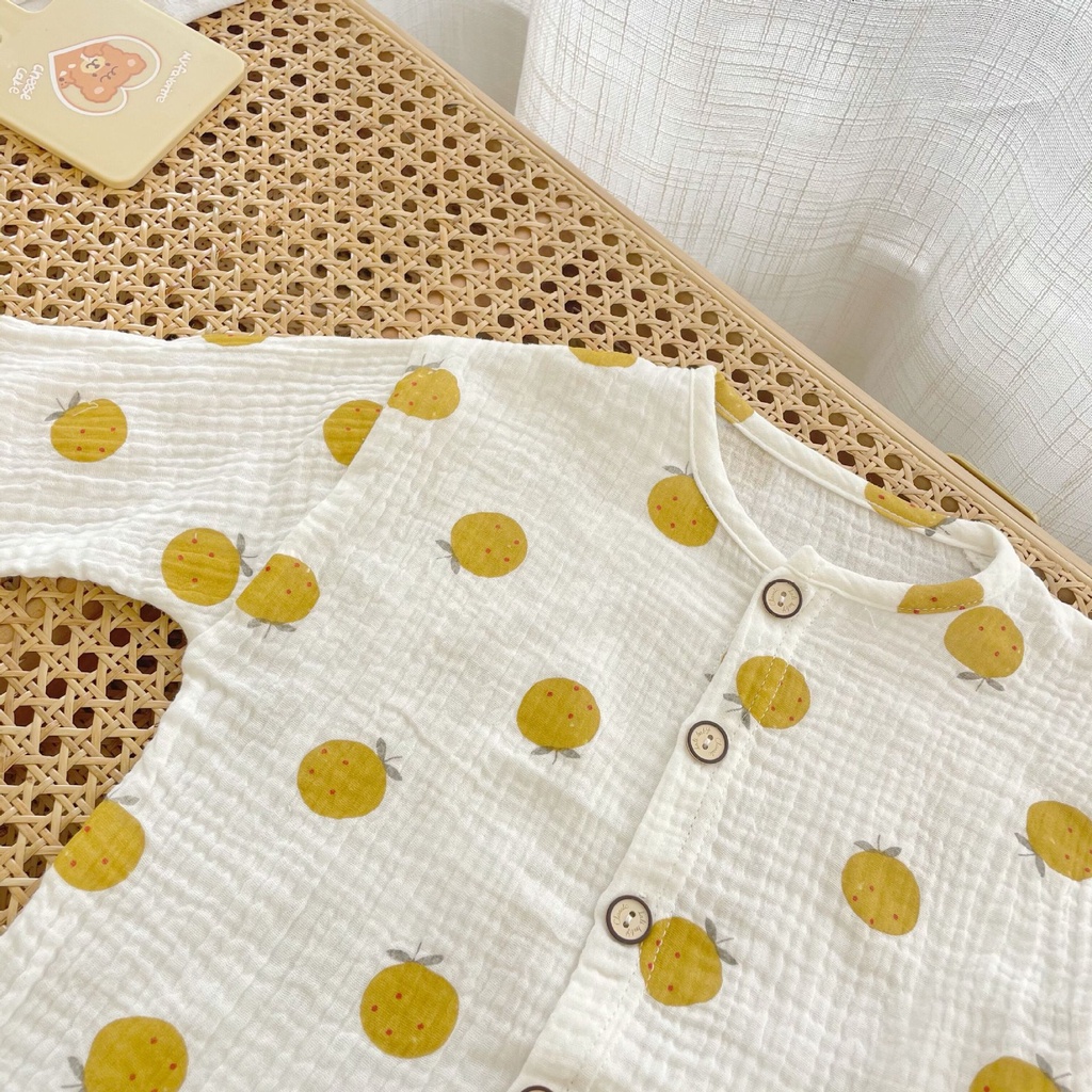 Set đồ vải xô Muslin dành cho trẻ sơ sinh cực dễ thương, đồ bộ tay lỡ cho bé trai bé gái mềm mịn thoáng mát hình quả dứa