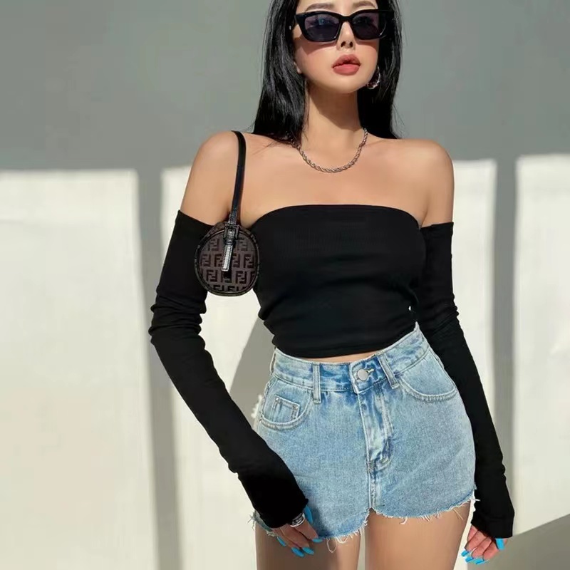 Crop top Dệt kim cắt sexy skinny dài tay bandeau top