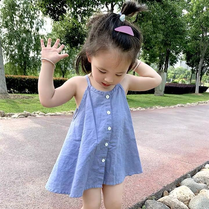 Đầm Công Chúa Hai Dây Màu Sắc Trơn Bằng Vải Lanh Cho Bé Gái