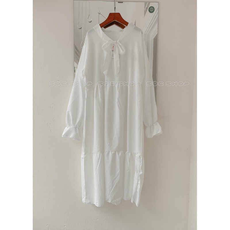 Váy Baby Doll Màu Trắng Khoá lưng Bèo Vai, Đầm Nữ Trắng tiểu Thư,sang choảnh