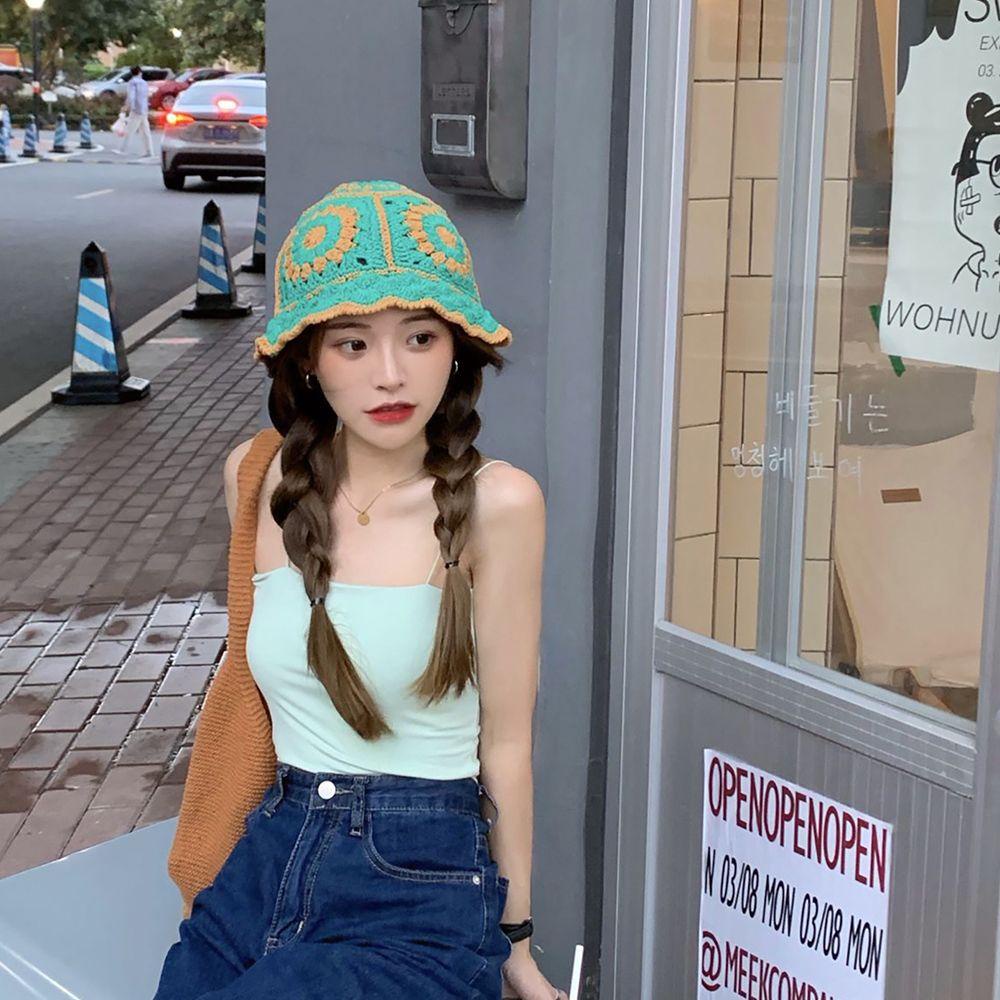 QQMALL Mũ Bucket Dệt Kim Phong Cách Thời Trang Retro Hàn Quốc