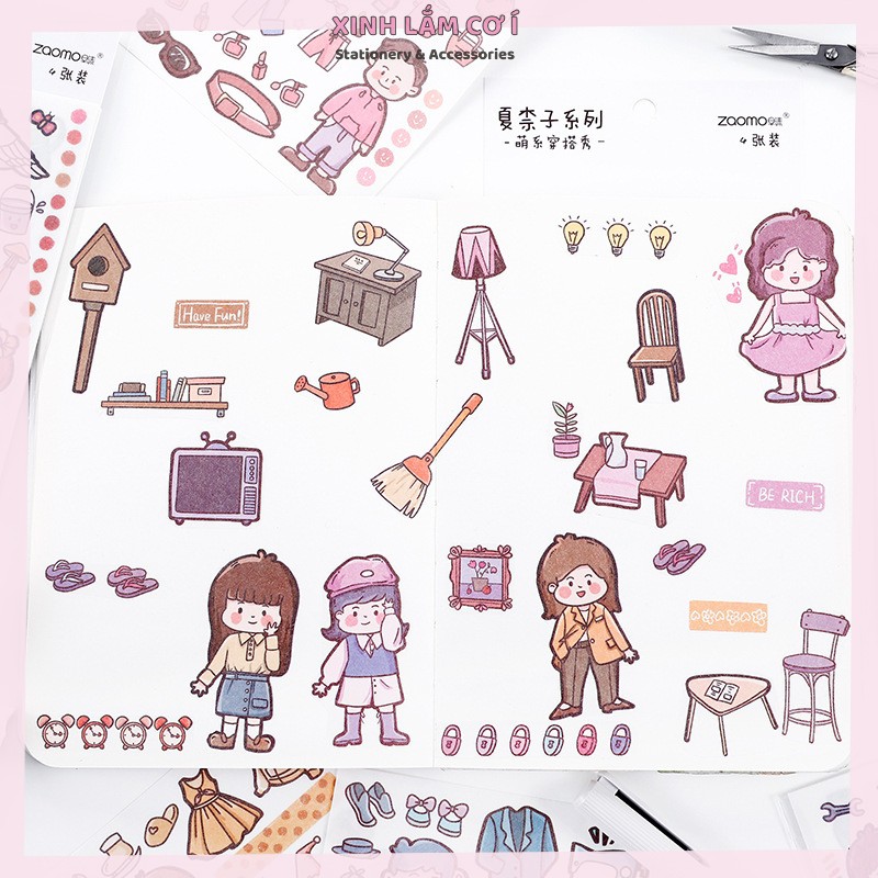 Set 4 Tấm Dán Sticker Họa Tiết Cô Gái Dễ Thương Trang Trí Sổ Nhật Kí