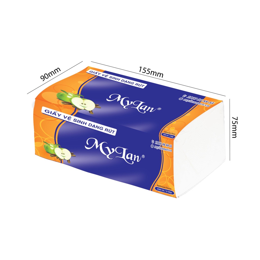 THÙNG 20 gói, Giấy Vệ Sinh cao cấp Mylan Táo xanh 3 lớp, 100 tờ/gói