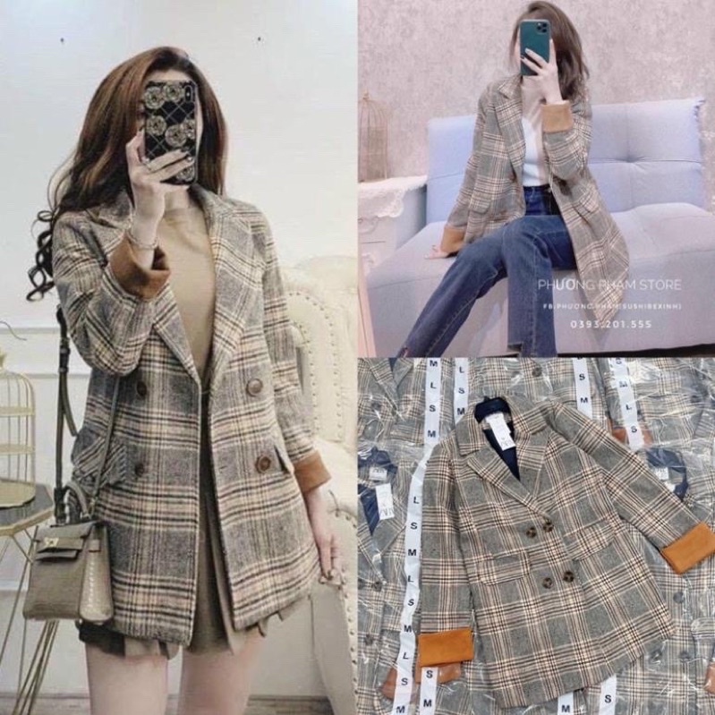 Áo Dạ Kẻ Hàn Quốc [Ảnh thật ], Áo Blazer 4 cúc siêu xinh