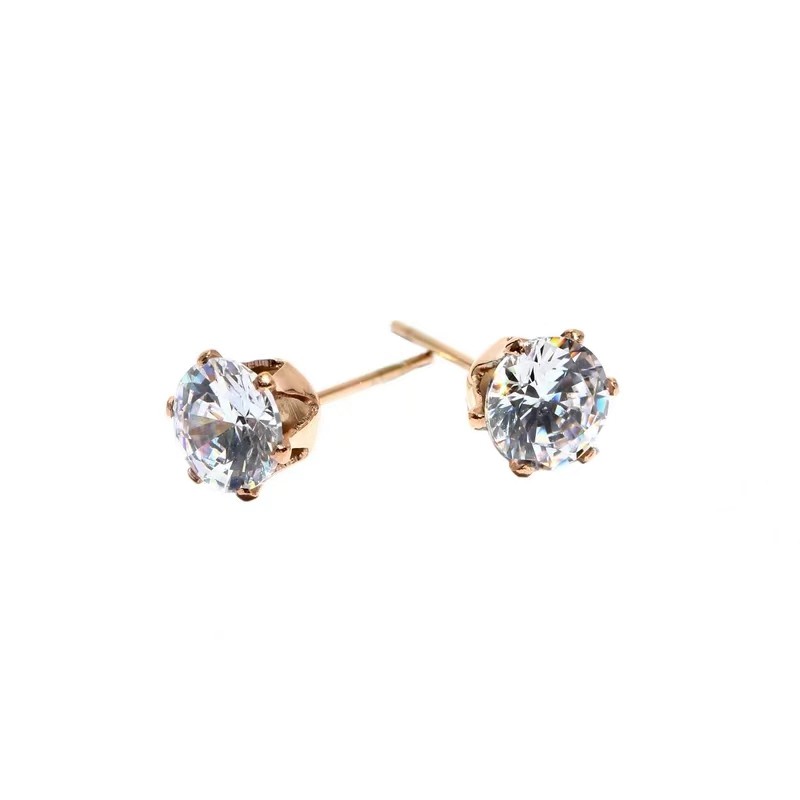 Bông tai bằng thép titan mạ vàng hồng 18k đính kim cương giả mini 6 chấu không gây dị ứng thiết kế đơn giản