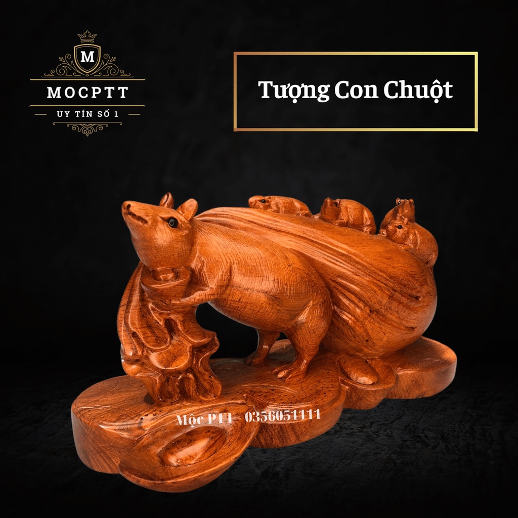 Tượng Con Chuột kéo bao tiền gỗ Hương Đá kích thước 30 x 16 x 12 Cm CG01