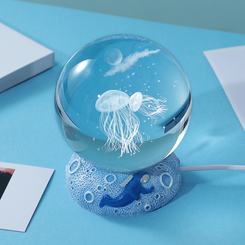 Quả cầu pha lê phát sáng 3D đế gỗ trang trí đèn ngủ, quà tặng
