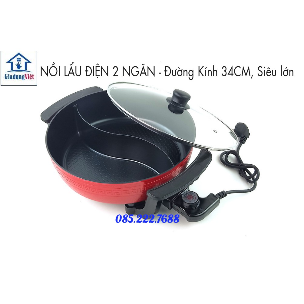 Nồi Lẩu Điện 2 Ngăn 6L Size 34 cm Chống Dính Cao Cấp - Bảo hành 3 Tháng