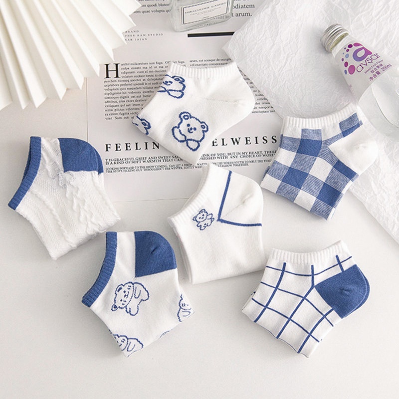 Tất nữ Choobe cổ ngắn cotton co giãn tốt chống hôi chân họa tiết hình gấu dễ thương set 5 đôi màu xanh PK21