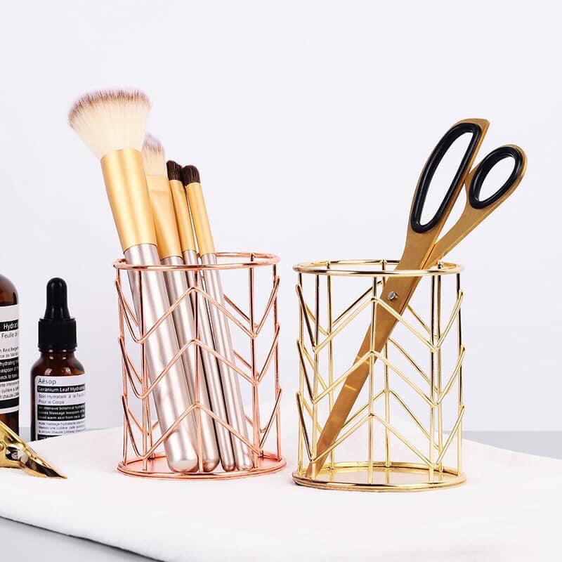 Lọ/rổ kim loại rosegold đa năng đựng mỹ phẩm, cọ, bút