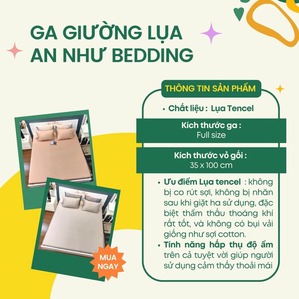 Ga giường lụa, ga gối tencel, set 1 ga + 2 vỏ gối 50x70cm An Như Bedding
