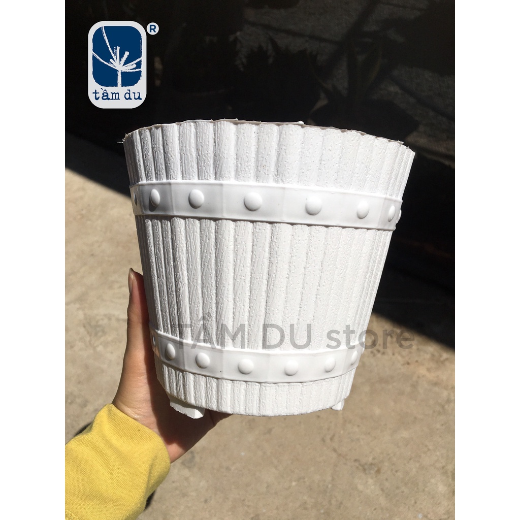 Chậu nhựa trắng giả thùng gỗ 170x150mm