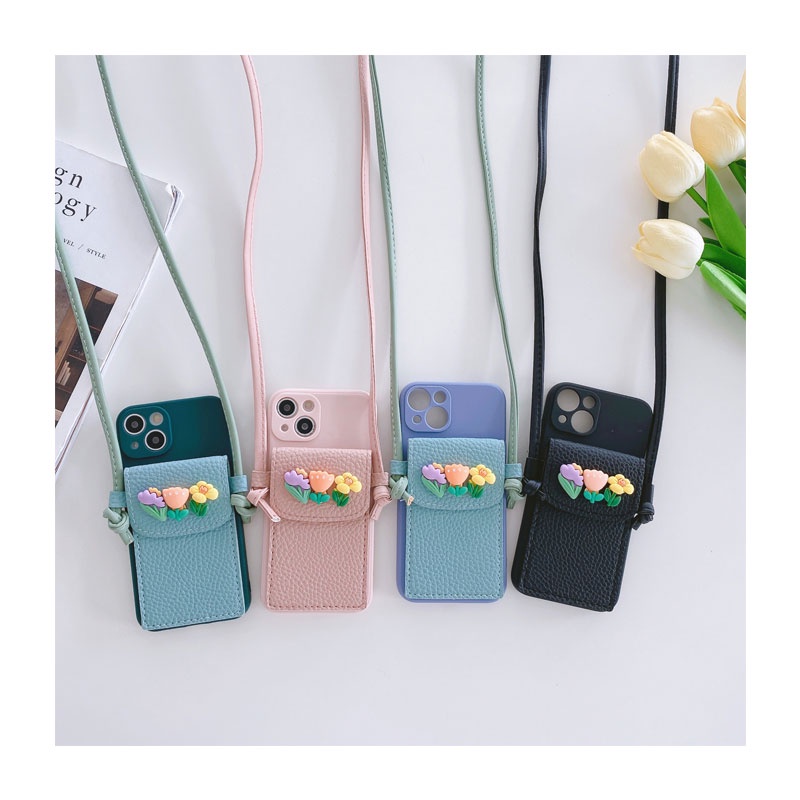 Ốp Điện Thoại Da Dạng Ví Hình Hoa Có Dây Đeo Chéo Cho Iphone 13 12 Mini 13Pro 12 11 Pro Max 12Pro 13 Pro Max