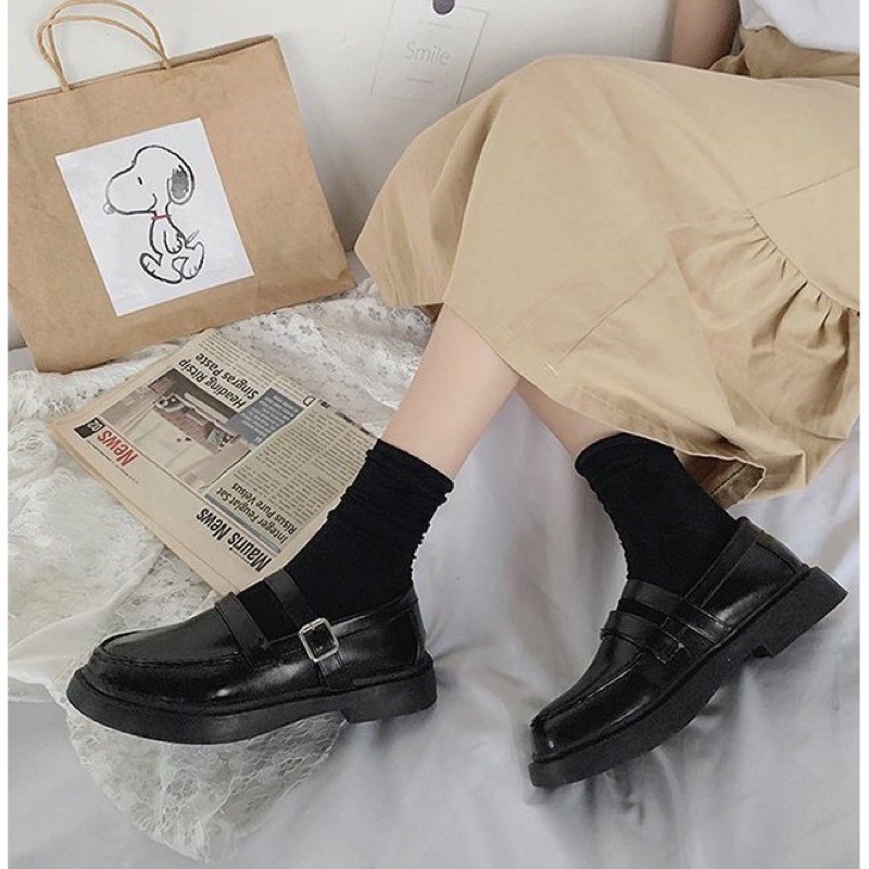 Giày ulzzang oxford vintage  da lỳ có dây vuông cho nữ phong cách hàn quốc trẻ năng động