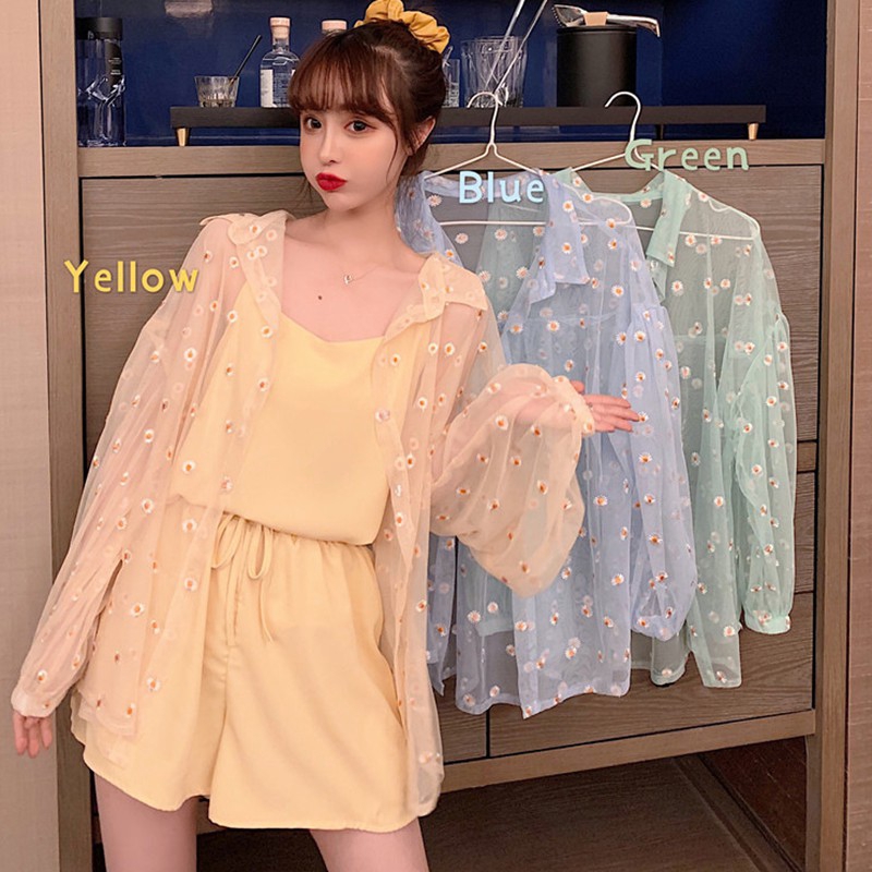 Áo Sơ Mi Đi Biển Tay Dài Dáng Rộng Họa Tiết Hoa Cúc Phong Cách Hàn Quốc