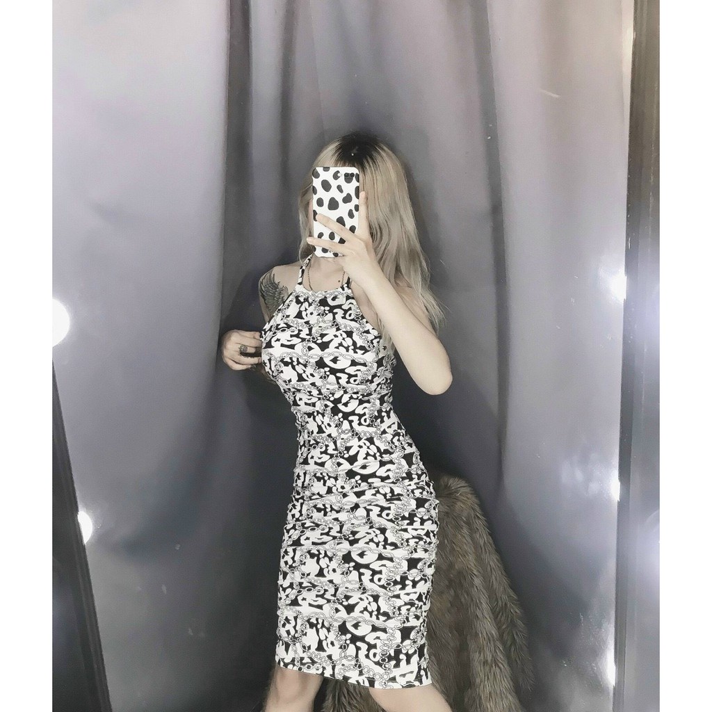 Đầm yếm họa tiết hót hit phối dây hạt ngọc siêu xinh sexy tôn dáng xinh ảnh thật hot đủ mau free size