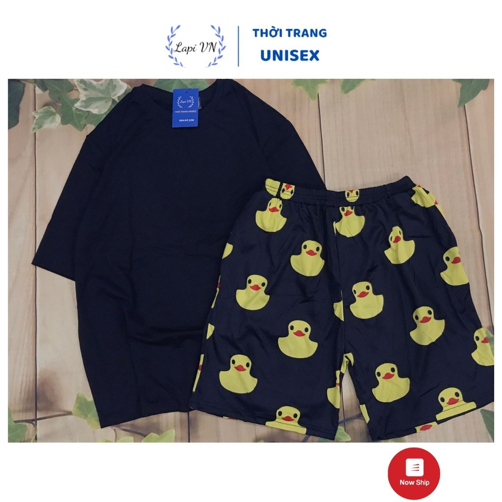 Set Đồ Bộ Lửng Trơn Unisex Đen -Lapi VN Áo+ Quần Đùi Vải Thun Cotton Thoáng Mát, Freesize, Tay Lỡ, Phom Rộng