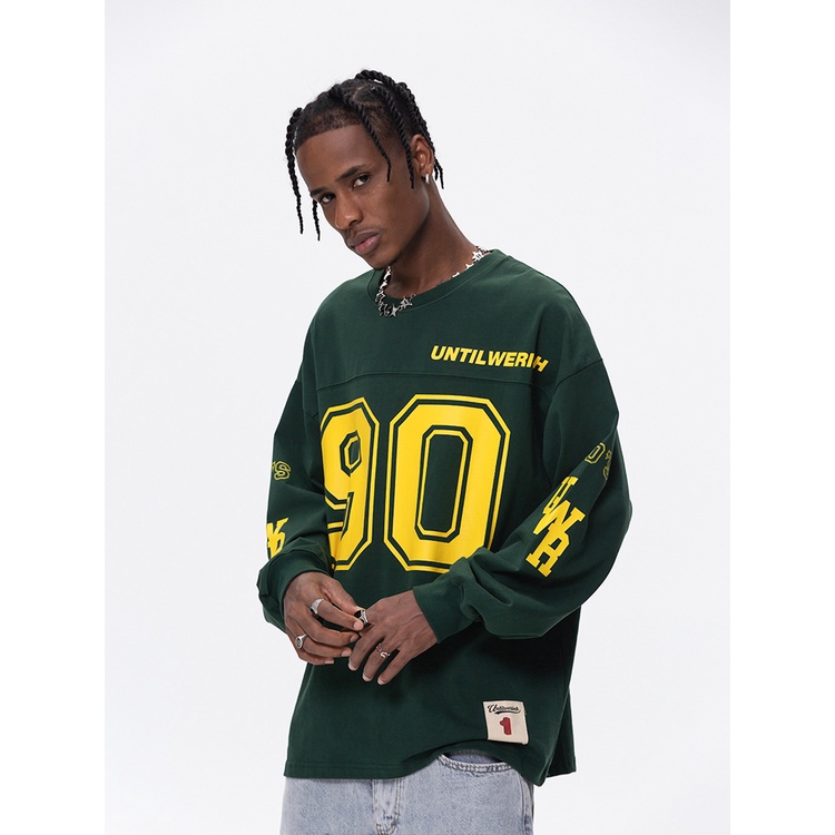 Áo Thun Tay Dài Chui Đầu Dáng Rộng In Số 90 Thời Trang Mùa Xuân Phong Cách Retro Mỹ