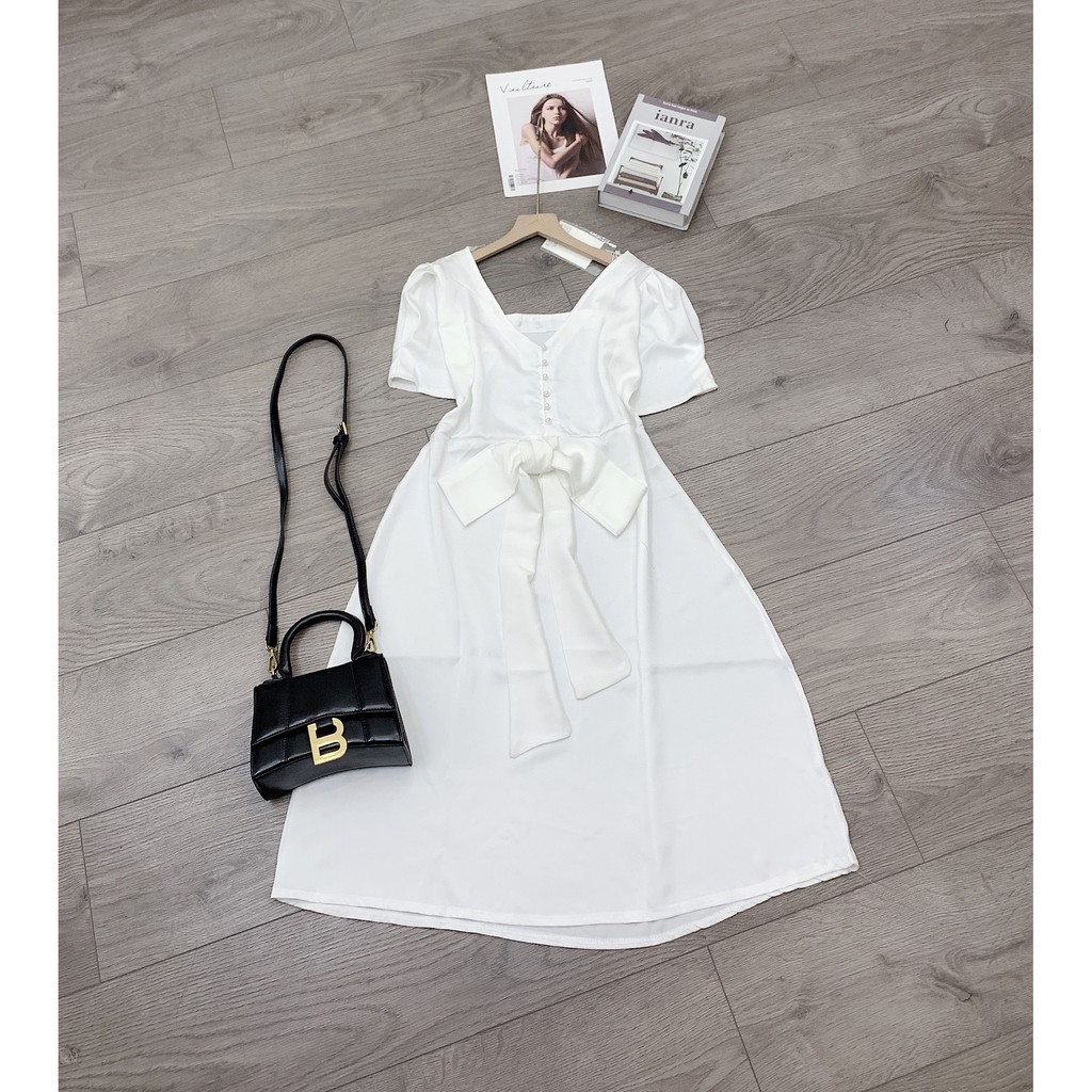 Váy Trắng Cổ Vuông Nơ Lưng Siêu Sang Diện Đi Đám Cưới Tiệc Tùng Cực Chuẩn Lun | BigBuy360 - bigbuy360.vn