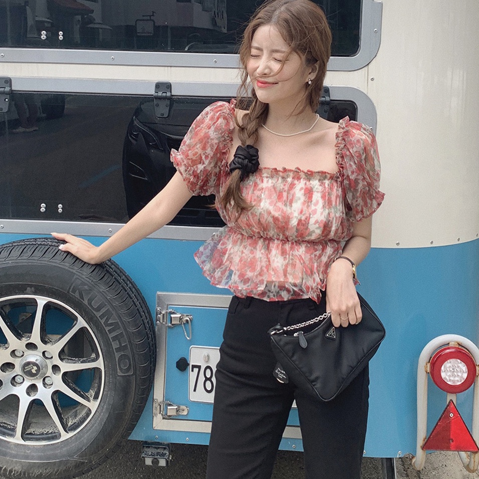 SUXI Áo Sơ Mi Tay Ngắn Cổ Vuông Dáng Ôm In Họa Tiết Đơn Giản Kiểu Hàn Quốc Thời Trang Mùa Hè Cho Nữ