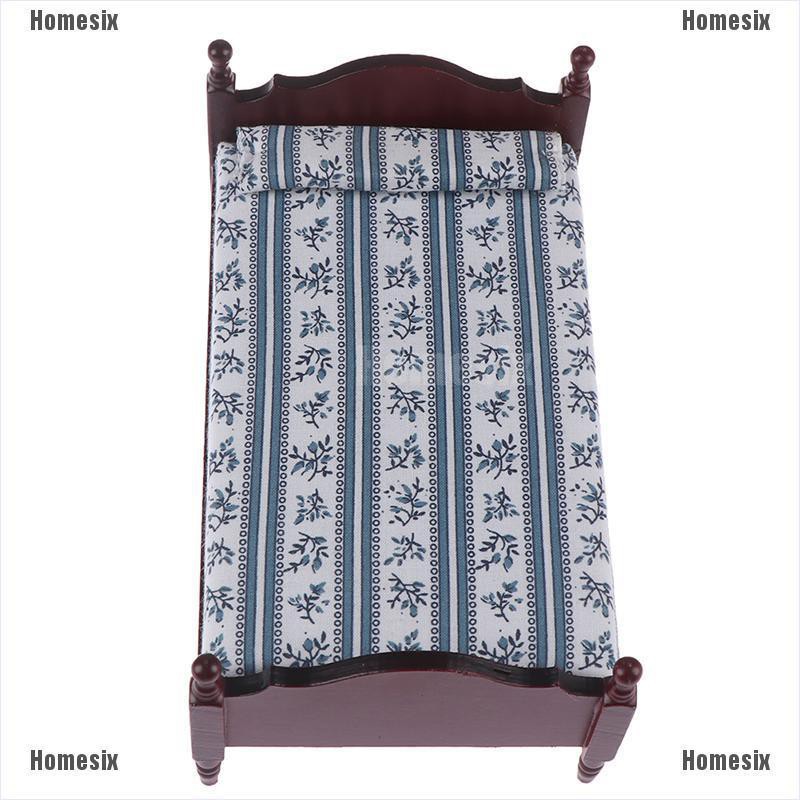 [HoMSI] 1:12 Dollhouse Miniature Wooden Bed With Pillow Furniture Model Toy Doll Decor SUU