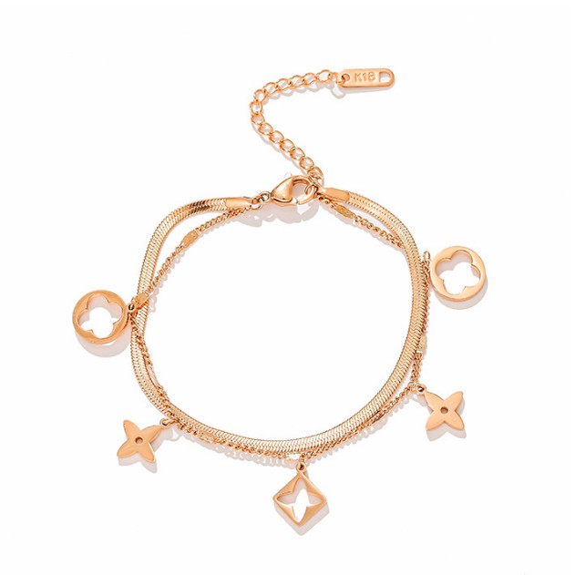 Lắc tay titan coa cấp kiểu 2 tầng dây mì+dập nhí rớt hoa 4 cánh cách điệu siêu đẹp, bền màu, hợp thời trang dễ phối đồ