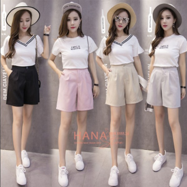 Quần đùi nữ mặc nhà khóa thật khuy cài lưng chun thun vải đũi xước màu Đen Trắng - Quần short nữ ống rộng ở nhà đi biển