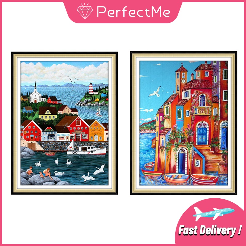 Mới Bộ Tranh Đính Đá 5D Tự Làm Hình Ngôi Nhà Trên Bãi Biển 30x40cm