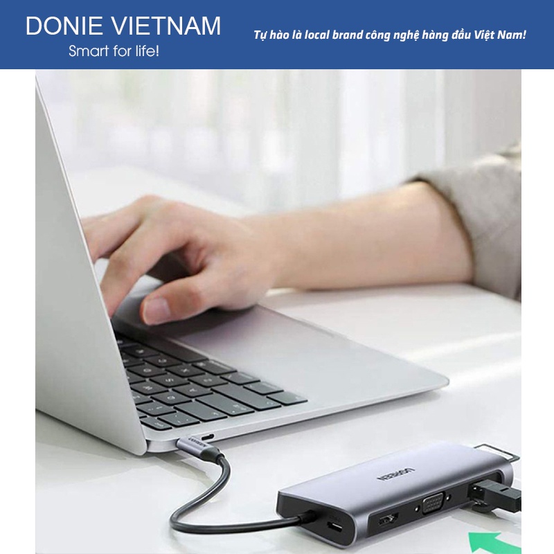 Cáp Chuyển Ugreen 10 in 1 80133 USB Type-C Sang HDMI, VGA, SD,TF, Audio 3.5mm 3 USB 3.0, Lan 1Gbps Chính Hãng