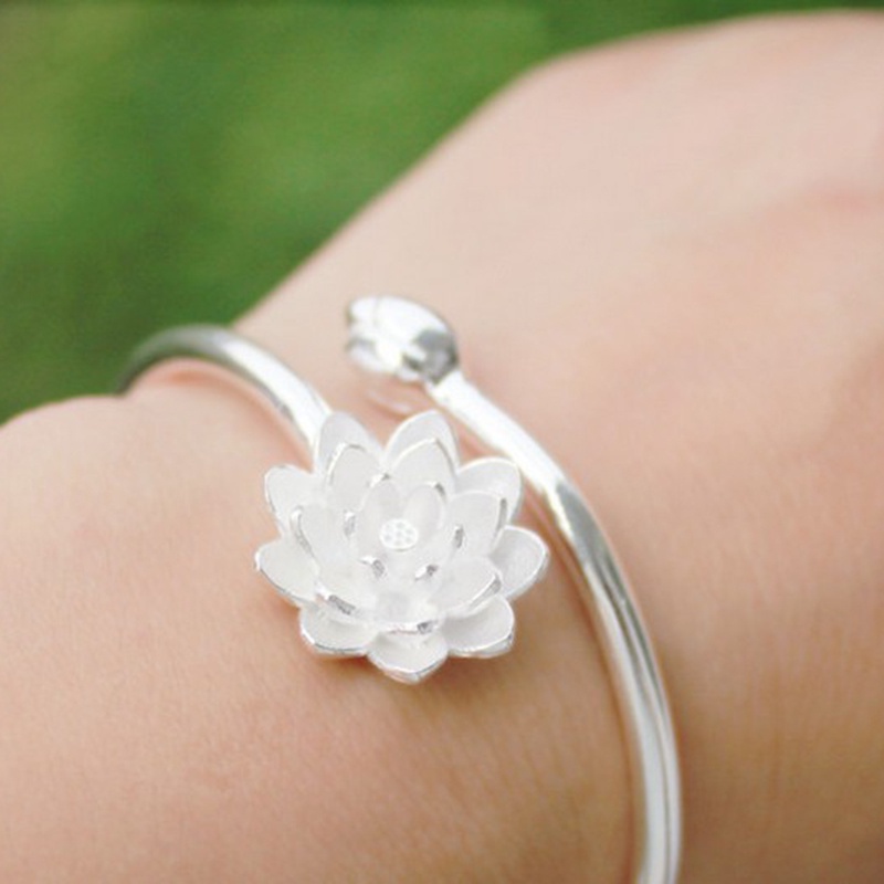 Vòng Đeo Tay Dạng Hở Hình Hoa Sen Màu Bạc Phong Cách retro Hàn Quốc