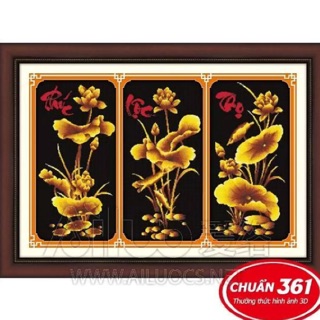 Tranh Thêu Chữ Thập 3D Phúc Lộc Thọ- Kim Sắc Hoa Sen- KT 98x69cm