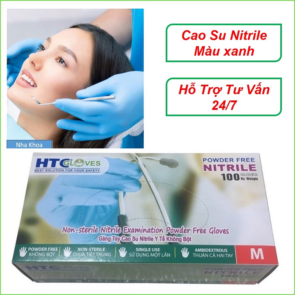 Găng tay y tế HTC Gloves không bột cao su Nitrile màu xanh size S, M hộp 100 cái.