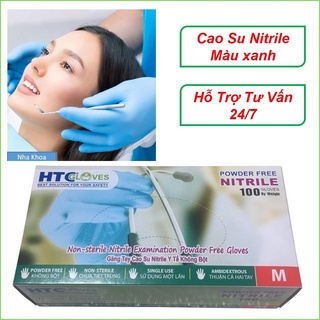 Găng tay y tế HTC Gloves không bột cao su Nitrile màu xanh size S, M hộp 100 cái.