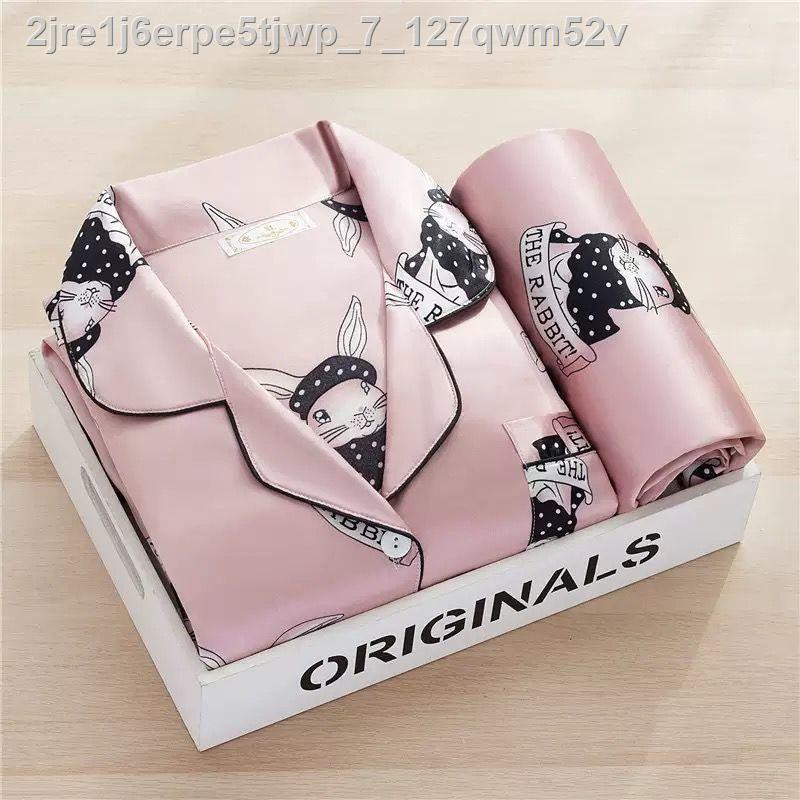 M-5XL pyjama nữ dài tay xuân thu băng lụa mỏng mùa và đông cộng với chất béo kích thước Bộ đồ gợi cảm Hàn Quốc ph new