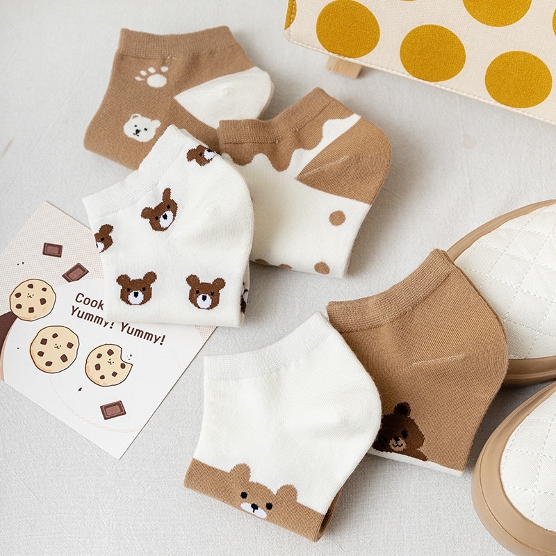 Set 5 Đôi Tất Nữ Cotton Tone Nâu Trắng Hoạ Tiết Gấu Bear