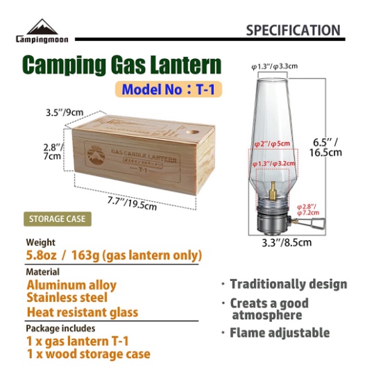 Đèn gas cắm trại Campingmoon T-1 với hộp đựng gỗ