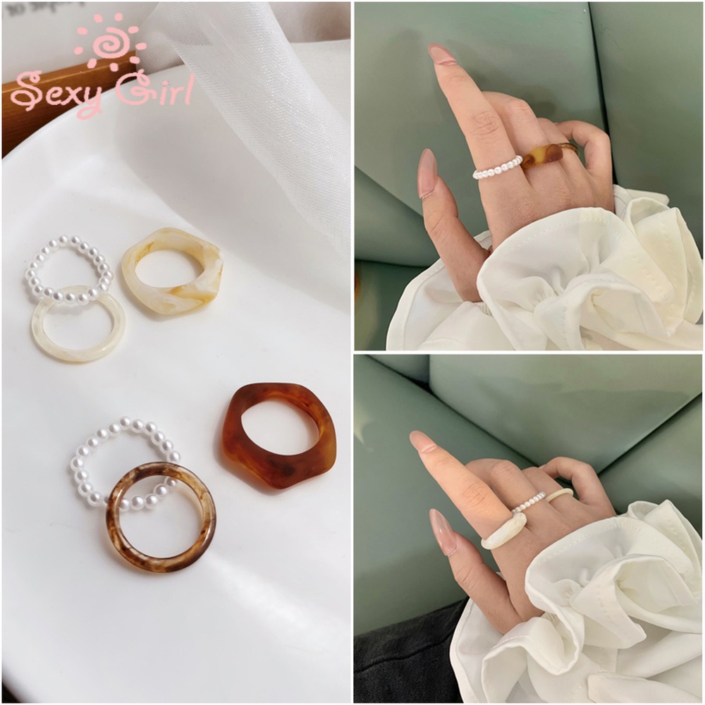 Set 3 Nhẫn Đính Ngọc Trai Phong Cách Retro Thời Trang Cho Nữ