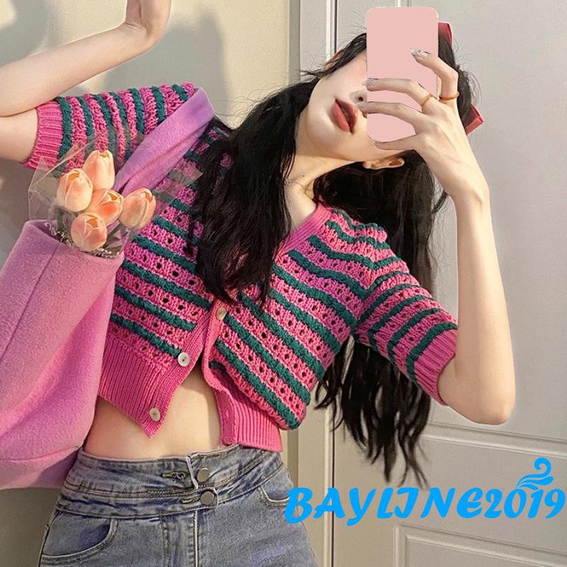 Áo Cardigan Tay Ngắn Cổ Chữ V Cài Nút Họa Tiết Kẻ Sọc Thanh Lịch Cho Nữ