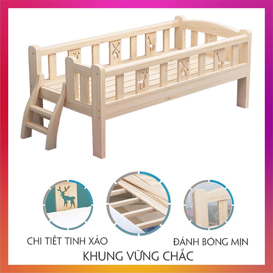 Giường ngủ trẻ em, giường ngủ cho bé ghép với giường bố mẹ gỗ thông chắc chắn, Kích thước 130x60x40Cm