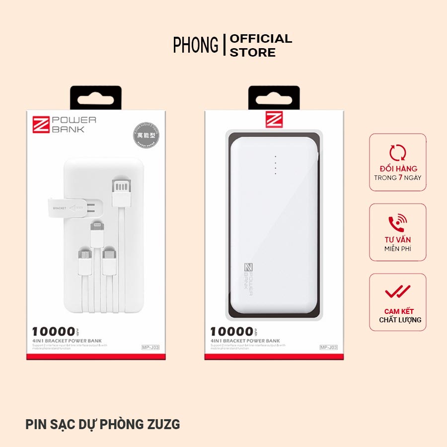 Sạc dự phòng 10000mAh 4IN1 ZUZG J03/Pin dự phòng có 3 đầu dây sạc Cáp sạc,Type C,Andiroi,BH 12 Tháng- PHONG STORE