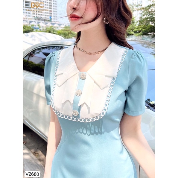 V2680 - váy dáng chữ A màu xanh