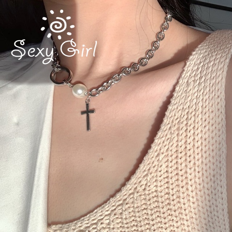 Vòng cổ Dáng Dài Mặt Hình Thánh Giá Đính Ngọc Trai Phong Cách Retro Hàn Quốc Mới