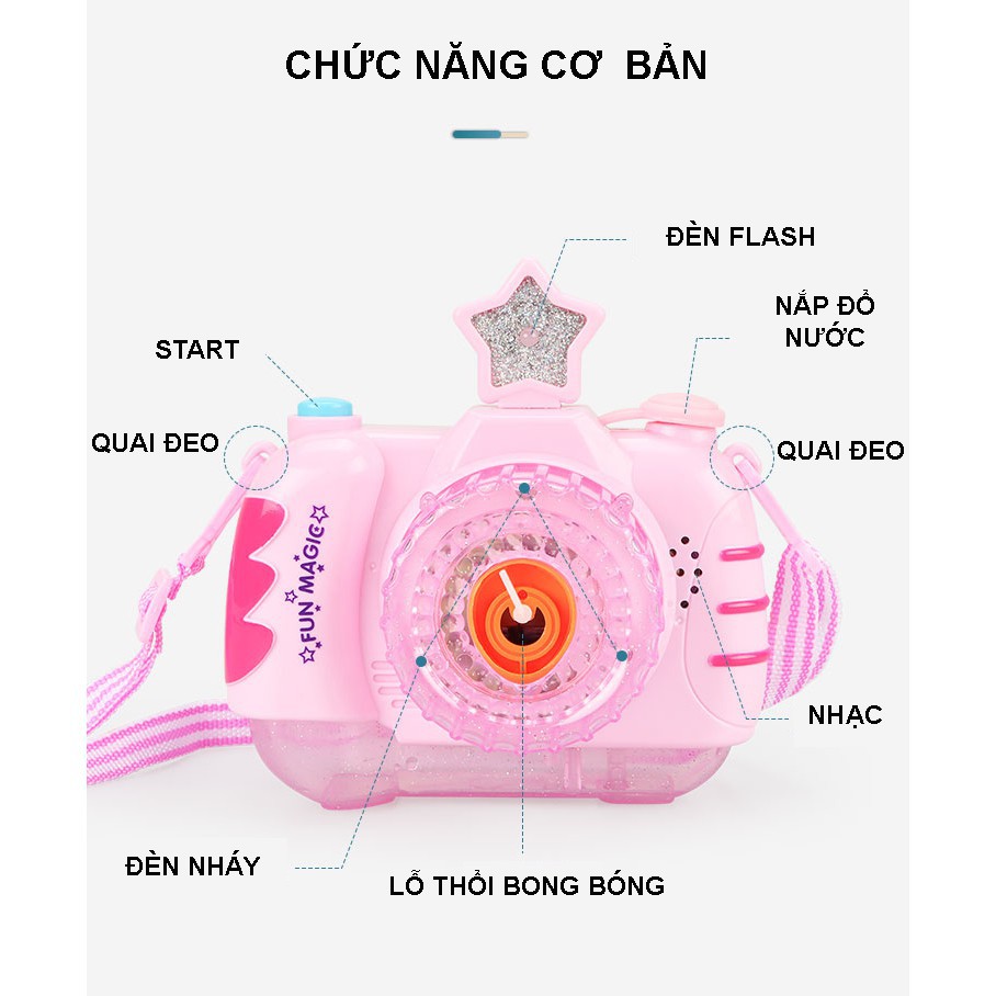 Máy Ảnh Thổi Bong Bóng Phát Nhạc Có Đèn Có Dây Đeo Xinh Xắn cho bé