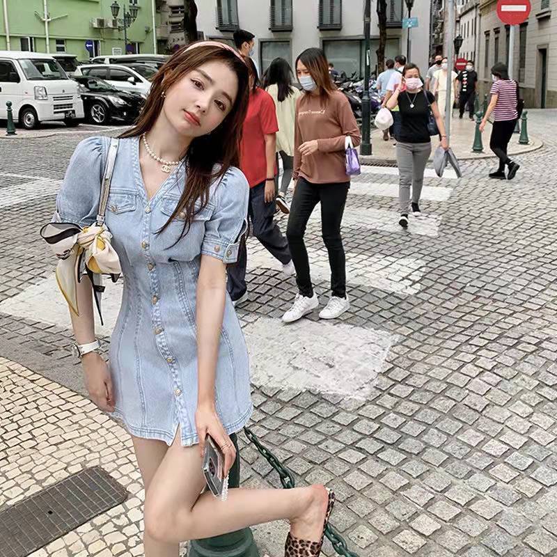 Đầm Denim Dáng Chữ a Ôm Eo Thời Trang Mùa Hè Phong Cách Mới